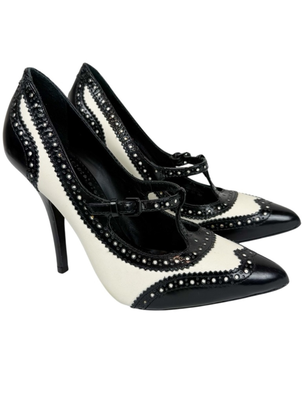 Tory Burch Black and White Wingtip Mary Jane Pointed Toe Heels